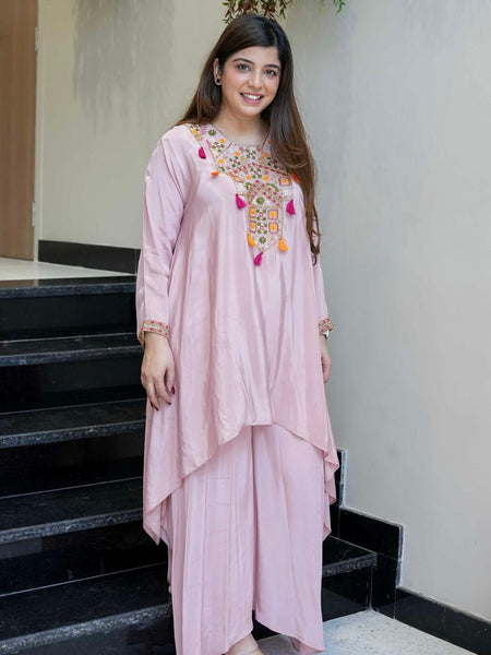Women's French Crepe Embroidered Kurta Palazzo Set