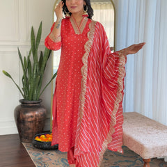 Women's Bandhani Print Embroidered Kurta Pant Set With Muslin Dupatta