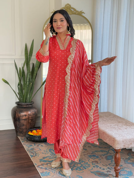Women's Bandhani Print Embroidered Kurta Pant Set With Muslin Dupatta