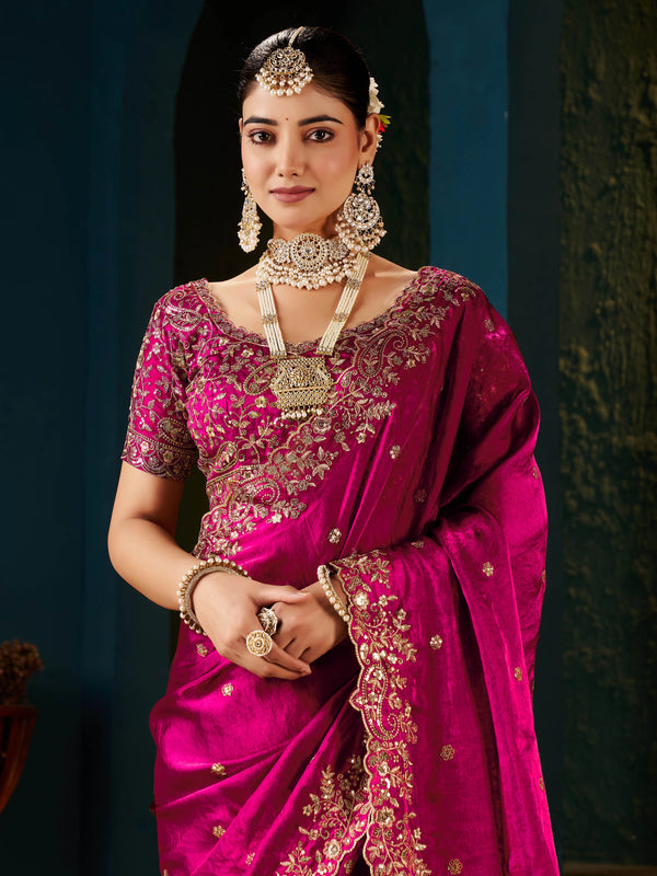 Women's Traditional Party Wear Silk Saree with Embroidered Blouse & Hand Work Lace Border