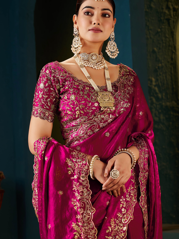 Women's Traditional Party Wear Silk Saree with Embroidered Blouse & Hand Work Lace Border