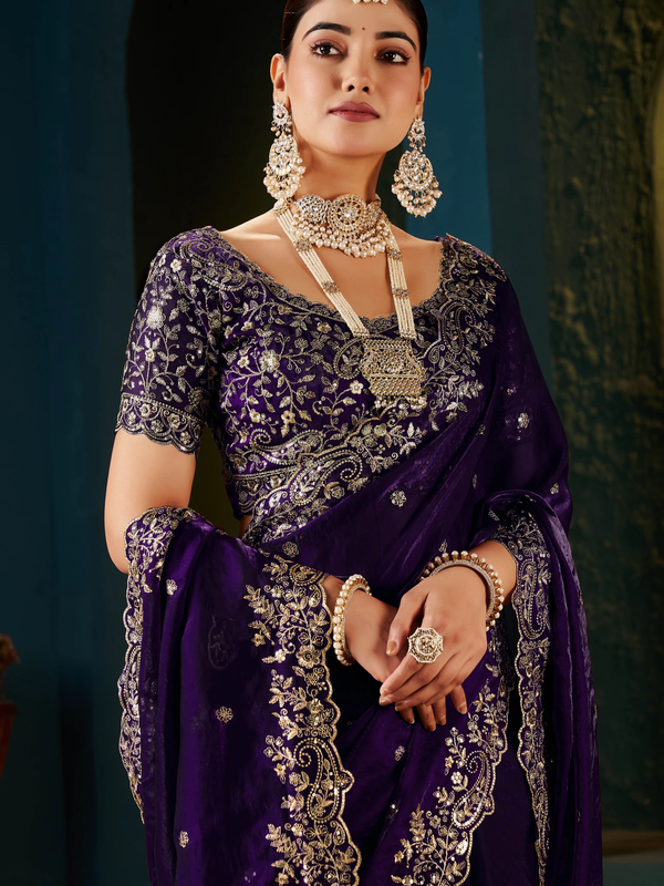 Women's Traditional Party Wear Silk Saree with Embroidered Blouse & Hand Work Lace Border
