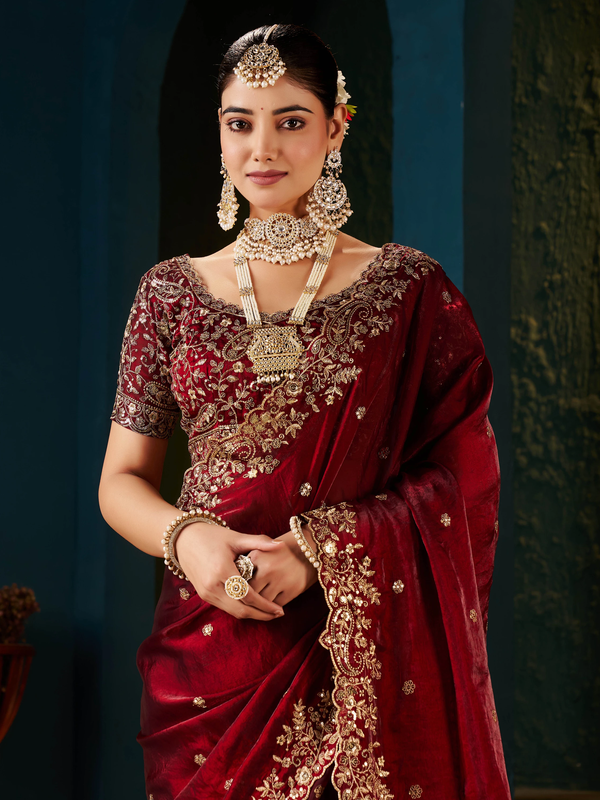 Women's Traditional Party Wear Silk Saree with Embroidered Blouse & Hand Work Lace Border