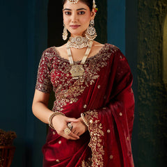 Women's Traditional Party Wear Silk Saree with Embroidered Blouse & Hand Work Lace Border