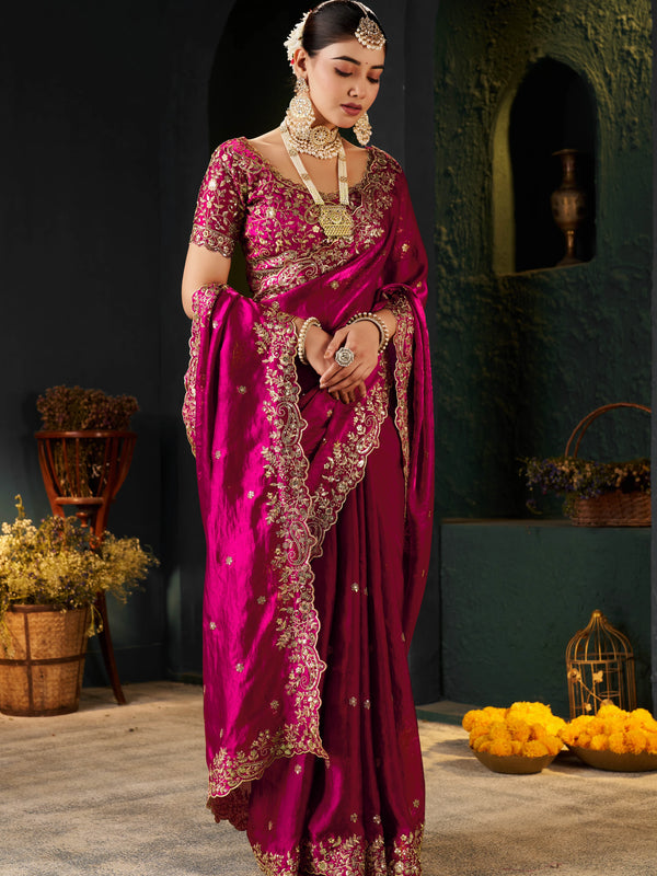 Women's Traditional Party Wear Silk Saree with Embroidered Blouse & Hand Work Lace Border