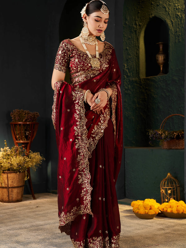 Women's Traditional Party Wear Silk Saree with Embroidered Blouse & Hand Work Lace Border
