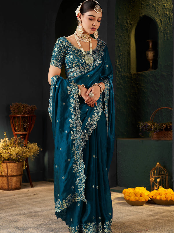 Women's Traditional Party Wear Silk Saree with Embroidered Blouse & Hand Work Lace Border