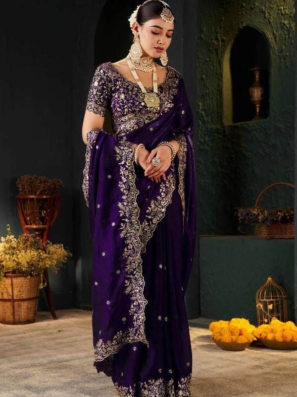 Women's Traditional Party Wear Silk Saree with Embroidered Blouse & Hand Work Lace Border