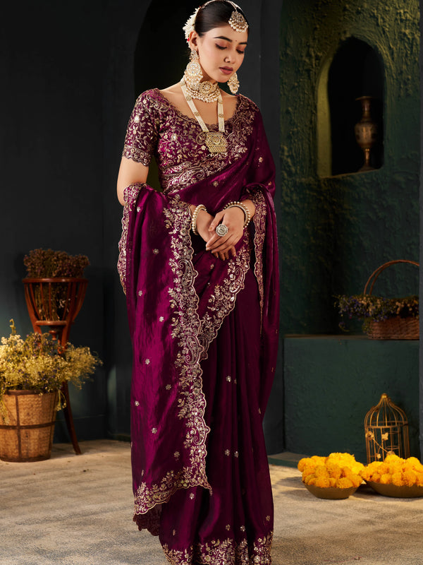 Women's Traditional Party Wear Silk Saree with Embroidered Blouse & Hand Work Lace Border