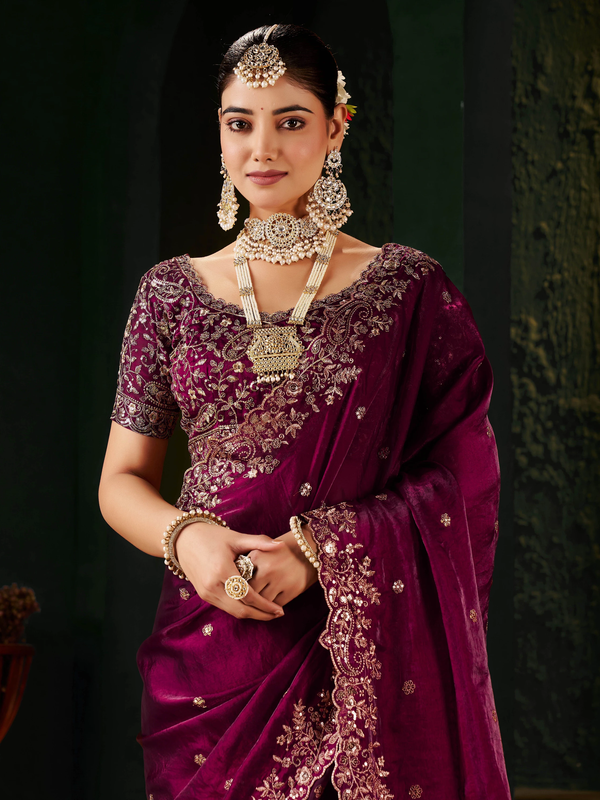Women's Traditional Party Wear Silk Saree with Embroidered Blouse & Hand Work Lace Border