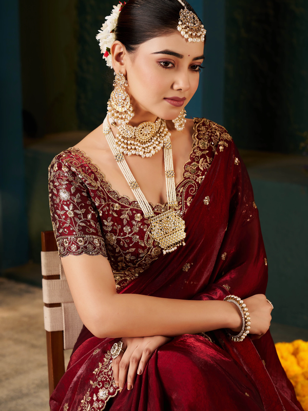 Women's Traditional Party Wear Silk Saree with Embroidered Blouse & Hand Work Lace Border