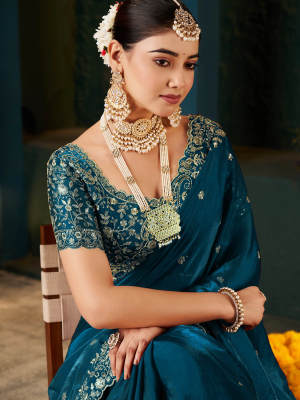 Women's Traditional Party Wear Silk Saree with Embroidered Blouse & Hand Work Lace Border