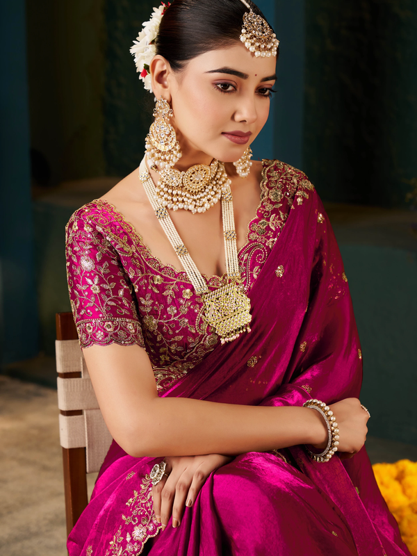 Women's Traditional Party Wear Silk Saree with Embroidered Blouse & Hand Work Lace Border