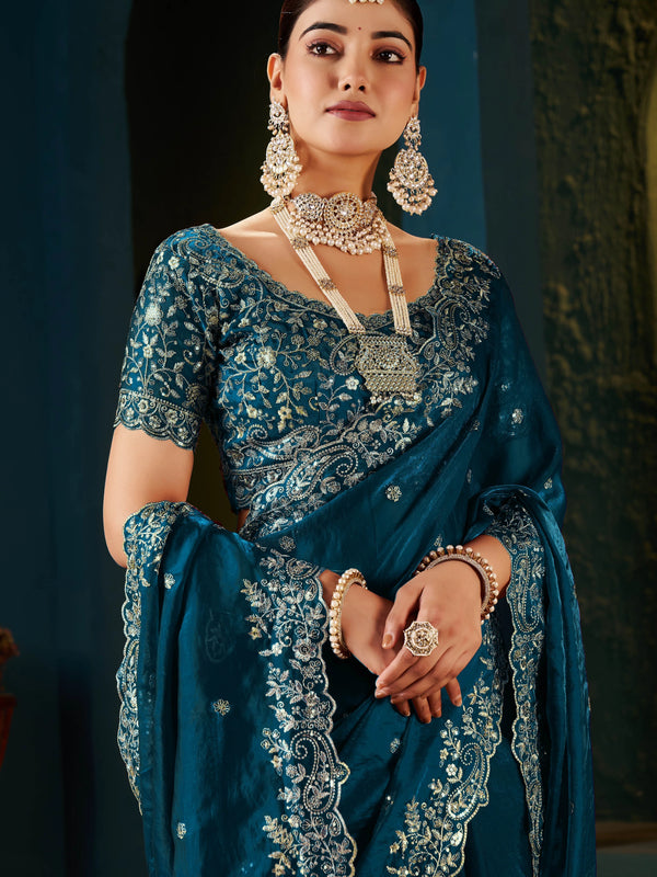 Women's Traditional Party Wear Silk Saree with Embroidered Blouse & Hand Work Lace Border