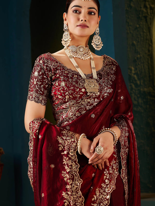 Women's Traditional Party Wear Silk Saree with Embroidered Blouse & Hand Work Lace Border