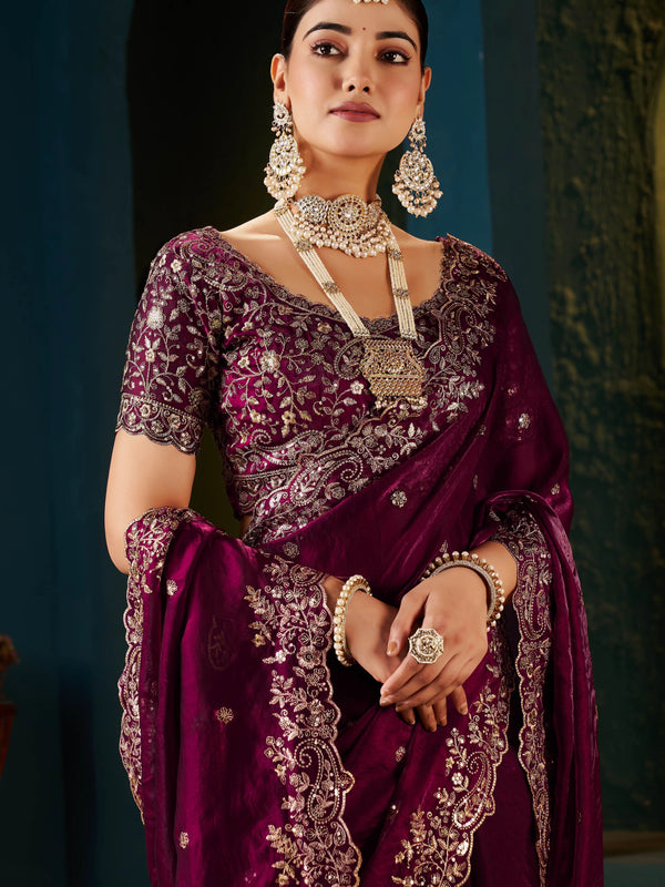 Women's Traditional Party Wear Silk Saree with Embroidered Blouse & Hand Work Lace Border