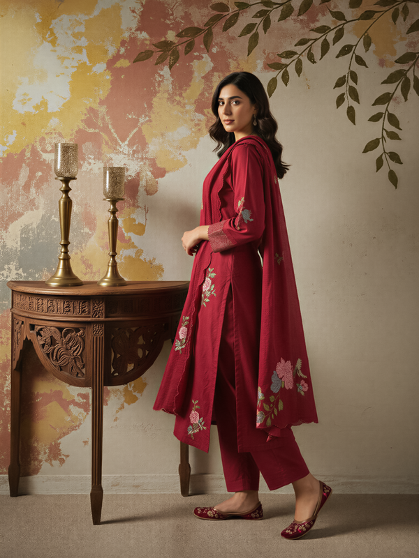 Women's Chanderi Silk Embroidered Kurta Pant & Dupatta Set