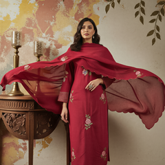 Women's Chanderi Silk Embroidered Kurta Pant & Dupatta Set