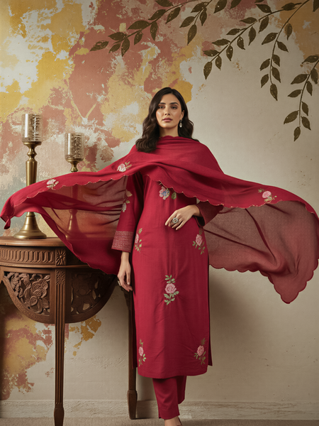Women's Chanderi Silk Embroidered Kurta Pant & Dupatta Set
