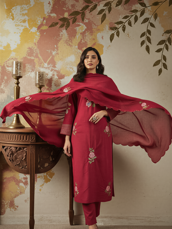 Women's Chanderi Silk Embroidered Kurta Pant & Dupatta Set