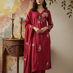 Women's Chanderi Silk Embroidered Kurta Pant & Dupatta Set