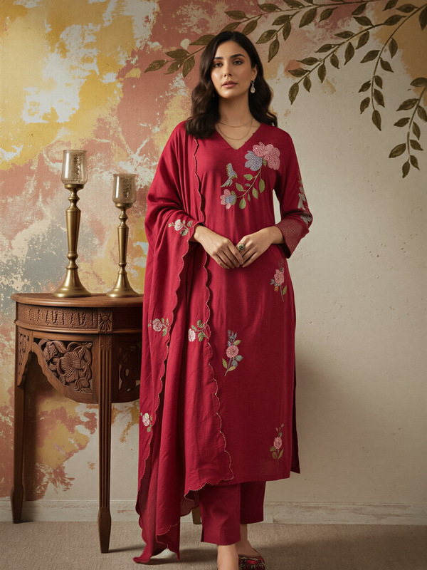 Women's Chanderi Silk Embroidered Kurta Pant & Dupatta Set