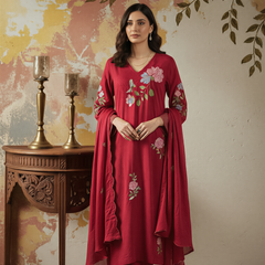 Women's Chanderi Silk Embroidered Kurta Pant & Dupatta Set