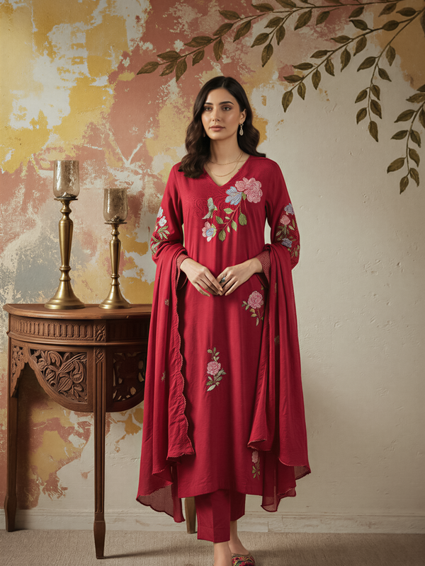 Women's Chanderi Silk Embroidered Kurta Pant & Dupatta Set