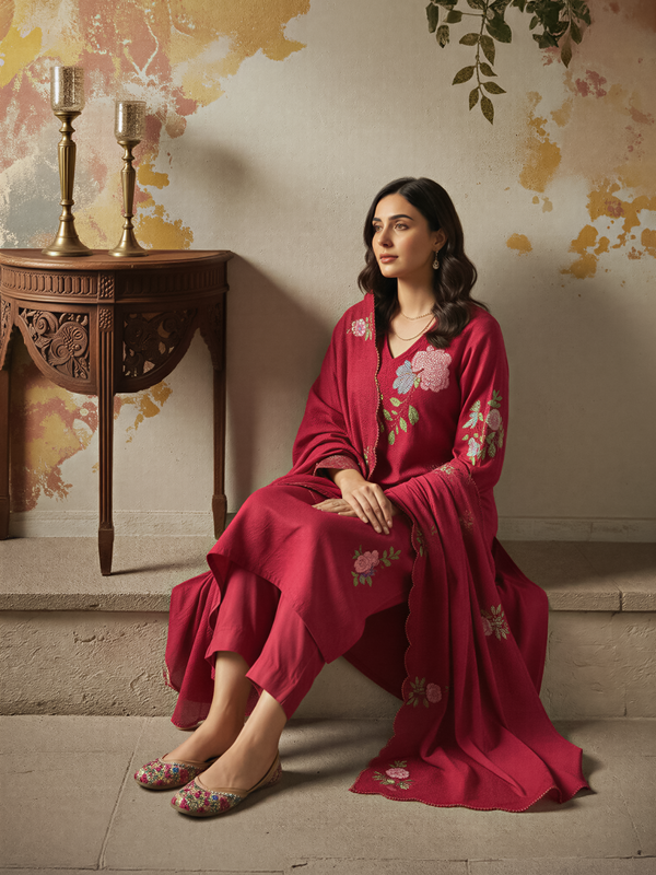 Women's Chanderi Silk Embroidered Kurta Pant & Dupatta Set