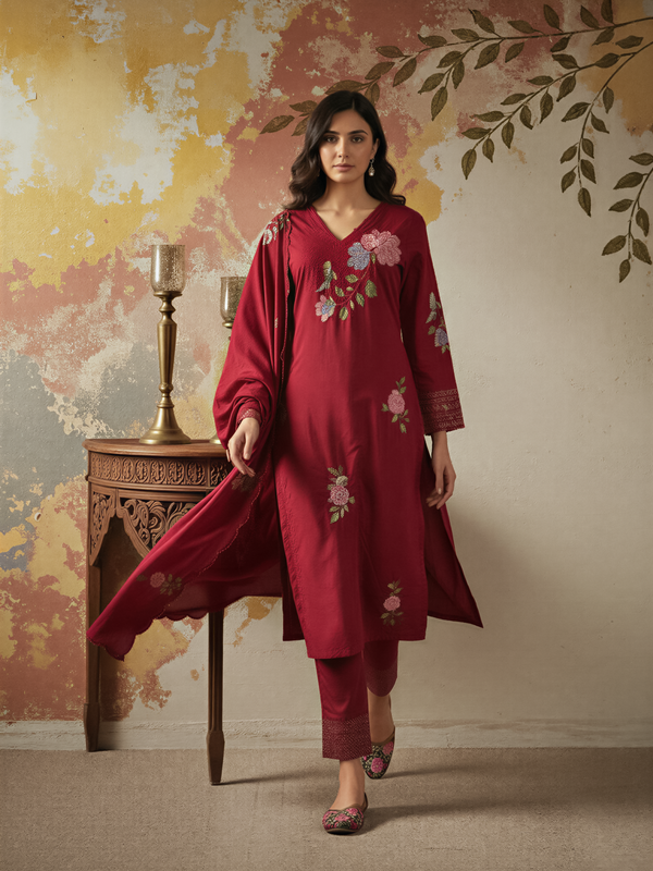 Women's Chanderi Silk Embroidered Kurta Pant & Dupatta Set