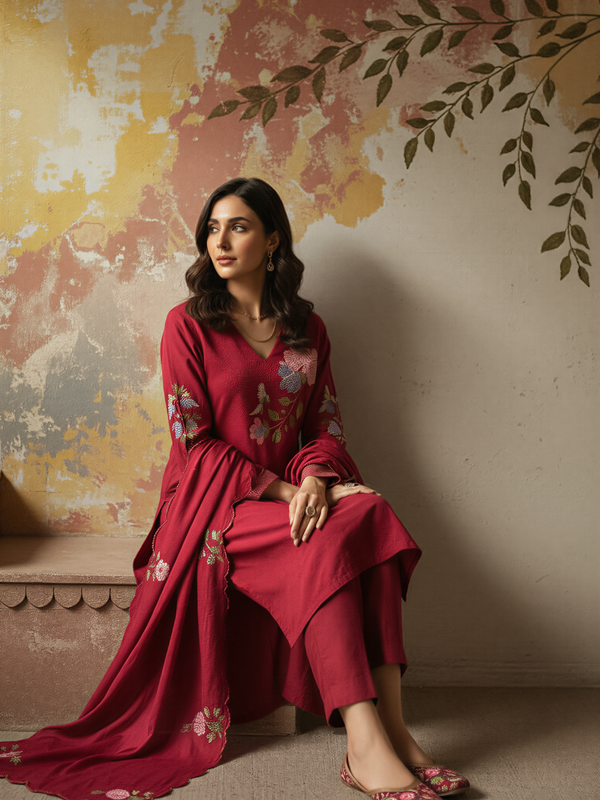 Women's Chanderi Silk Embroidered Kurta Pant & Dupatta Set