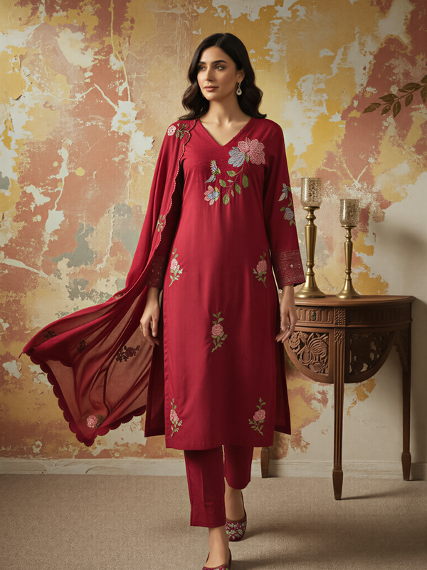 Women's Chanderi Silk Embroidered Kurta Pant & Dupatta Set