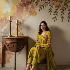 Women's Chanderi Silk Embroidered Kurta Pant & Dupatta Set