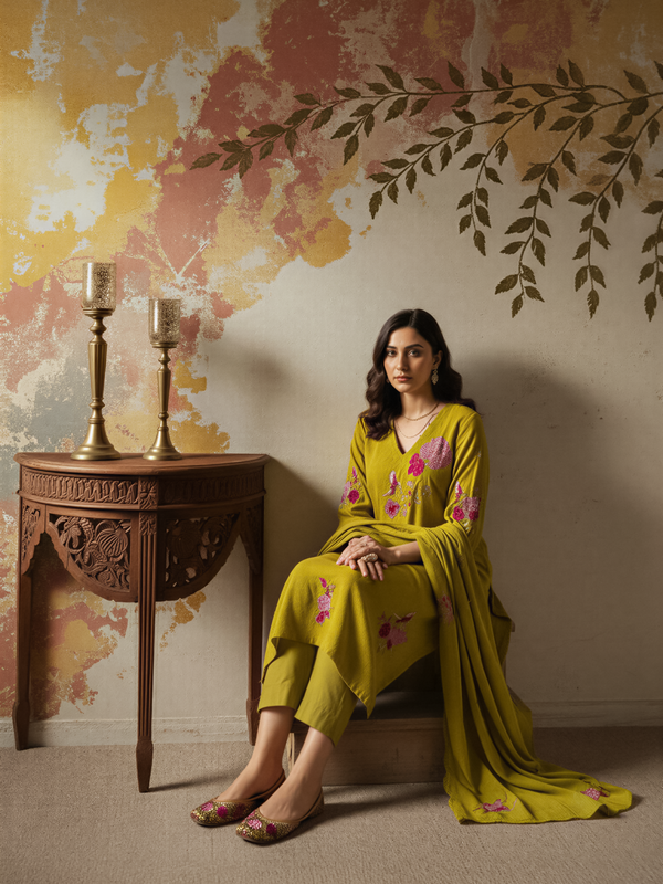 Women's Chanderi Silk Embroidered Kurta Pant & Dupatta Set