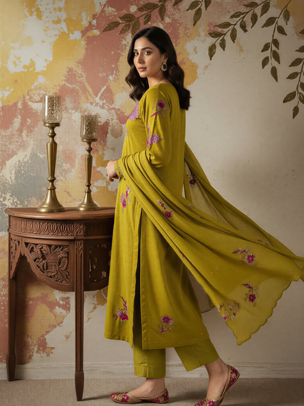 Women's Chanderi Silk Embroidered Kurta Pant & Dupatta Set