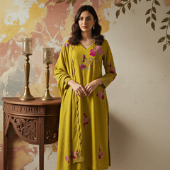 Women's Chanderi Silk Embroidered Kurta Pant & Dupatta Set