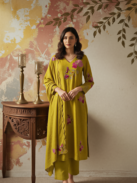 Women's Chanderi Silk Embroidered Kurta Pant & Dupatta Set
