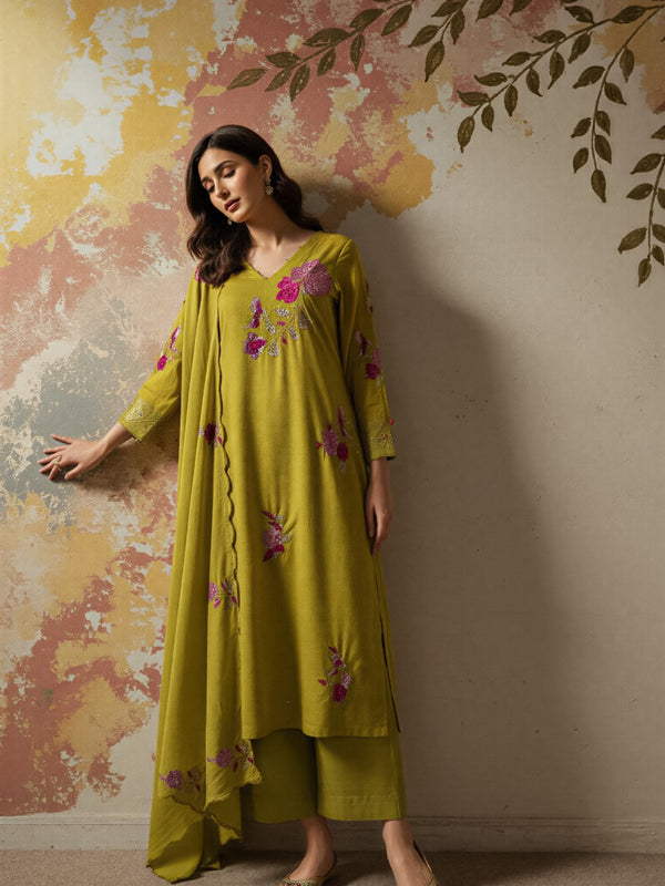 Women's Chanderi Silk Embroidered Kurta Pant & Dupatta Set