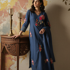 Women's Chanderi Silk Embroidered Kurta Pant & Dupatta Set