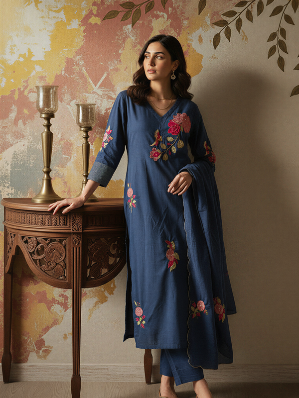 Women's Chanderi Silk Embroidered Kurta Pant & Dupatta Set