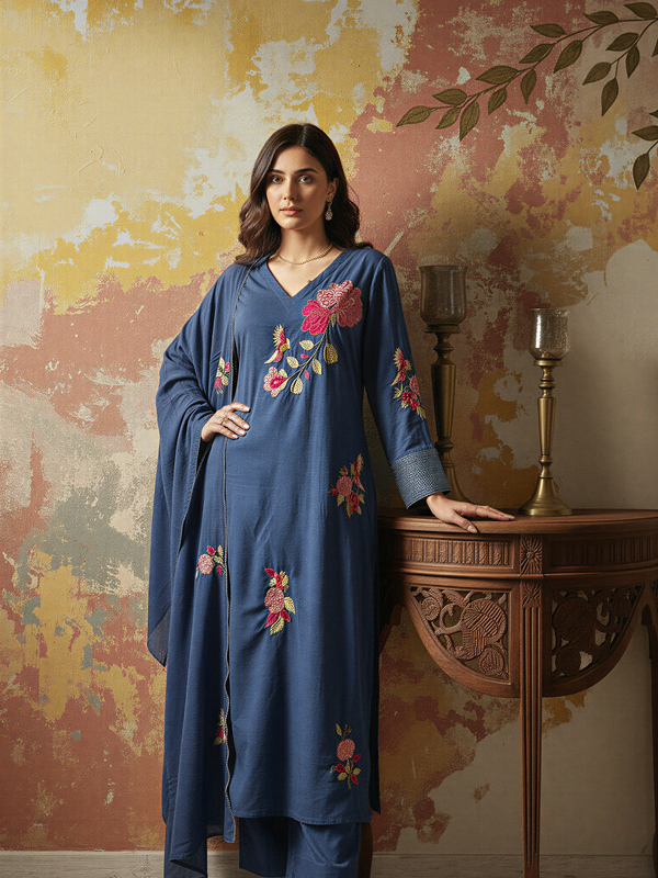 Women's Chanderi Silk Embroidered Kurta Pant & Dupatta Set