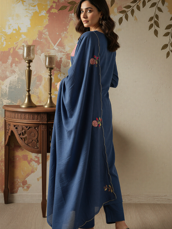 Women's Chanderi Silk Embroidered Kurta Pant & Dupatta Set
