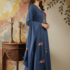 Women's Chanderi Silk Embroidered Kurta Pant & Dupatta Set