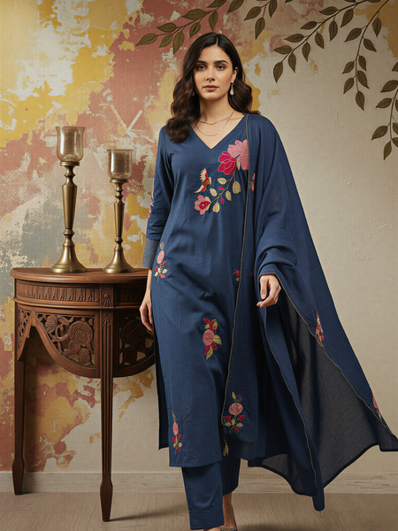 Women's Chanderi Silk Embroidered Kurta Pant & Dupatta Set