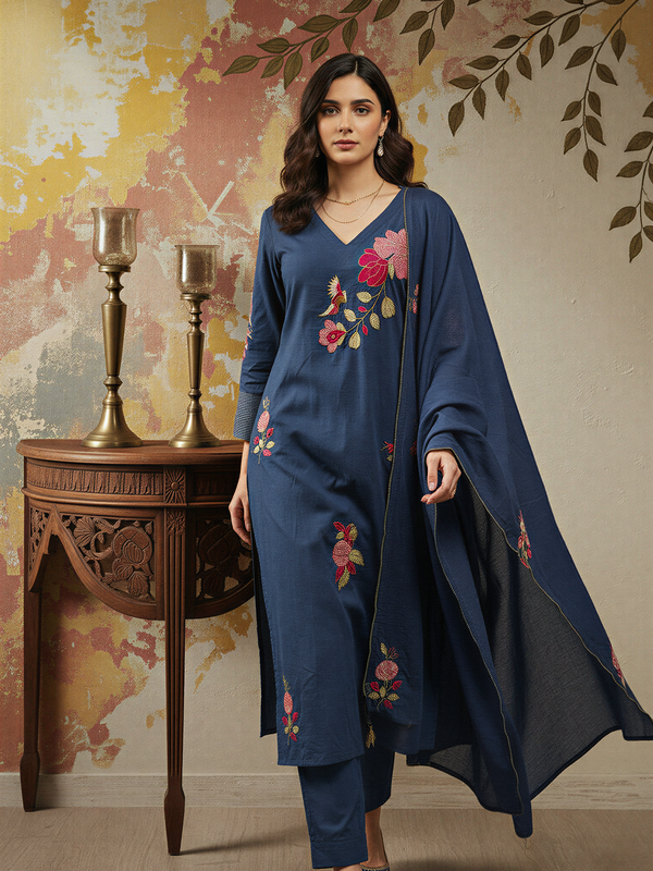 Women's Chanderi Silk Embroidered Kurta Pant & Dupatta Set