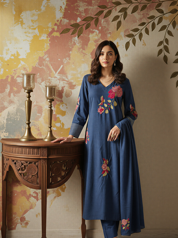 Women's Chanderi Silk Embroidered Kurta Pant & Dupatta Set