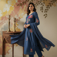 Women's Chanderi Silk Embroidered Kurta Pant & Dupatta Set