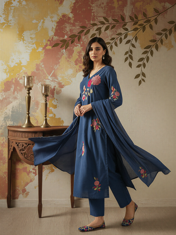 Women's Chanderi Silk Embroidered Kurta Pant & Dupatta Set