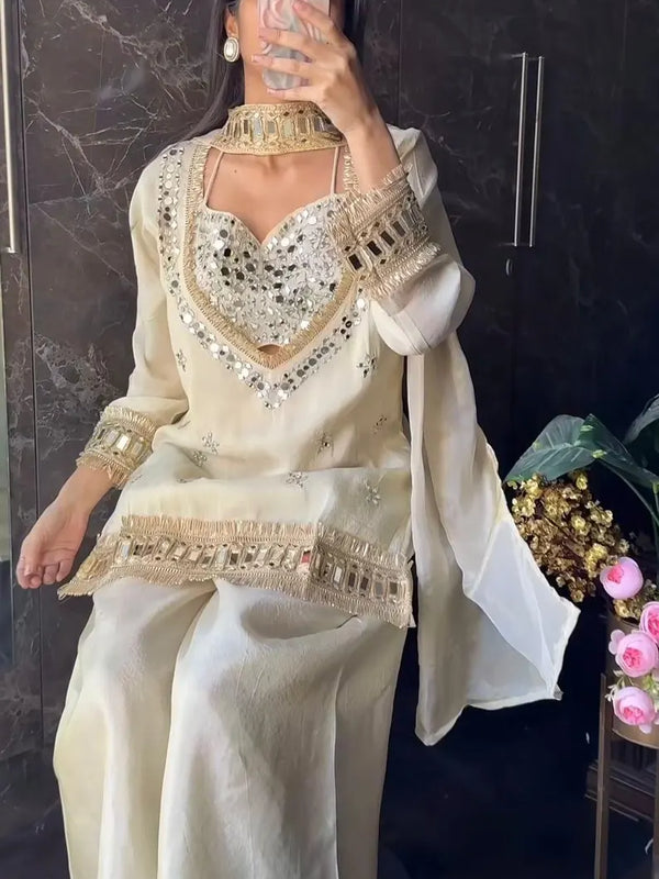 Women's Embroidered Chinon Suit Set With Dupatta