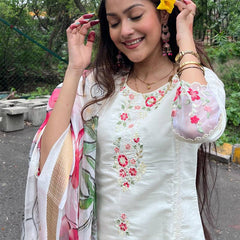Women's Chanderi Embroidered Kurta Pant & Digital Print Dupatta Set